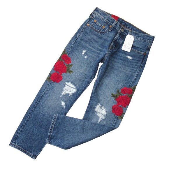 NWT Levi's 501 Taper Custom Blues Rose Embroidered Destroyed Boyfriend Jeans 24 - Picture 3 of 11